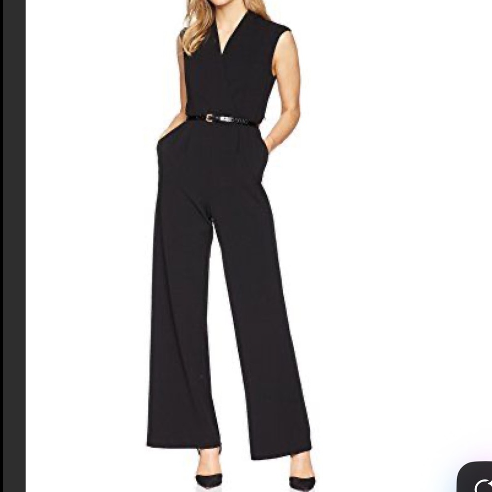 Calvin Klein Black Wide-Leg Belted Jumpsuit with V-Neck and Pockets size 10 NWT